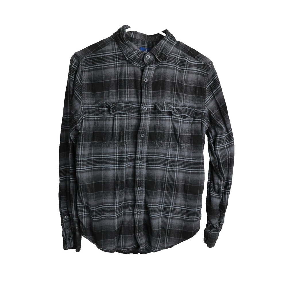 George Mens Small Black Plaid Flannel Shirt Long Sleeve Button Up Regular Fit